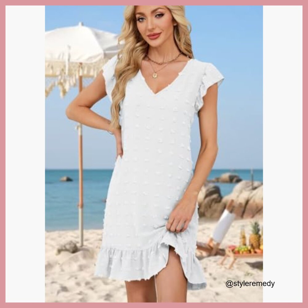 Polyester V-Neck Cap Sleeve Ruffle Hem Casual Beach Dress - Picture 4 of 7